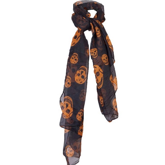 Skull Scarf - Black-Orange - Long black scarf printed with… - Picture 1 of 9